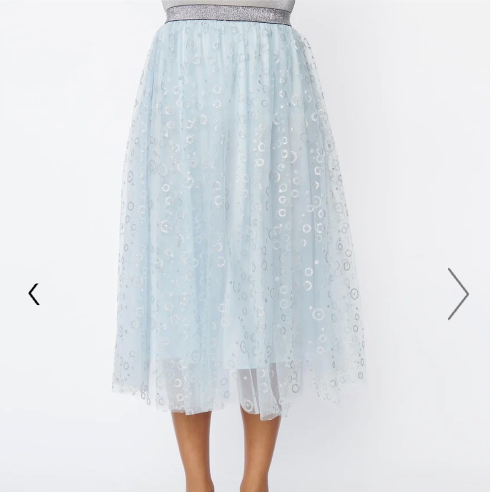 Unique Vintage Blue & Silver Glitter Circles Pleated Hilty Skirt
